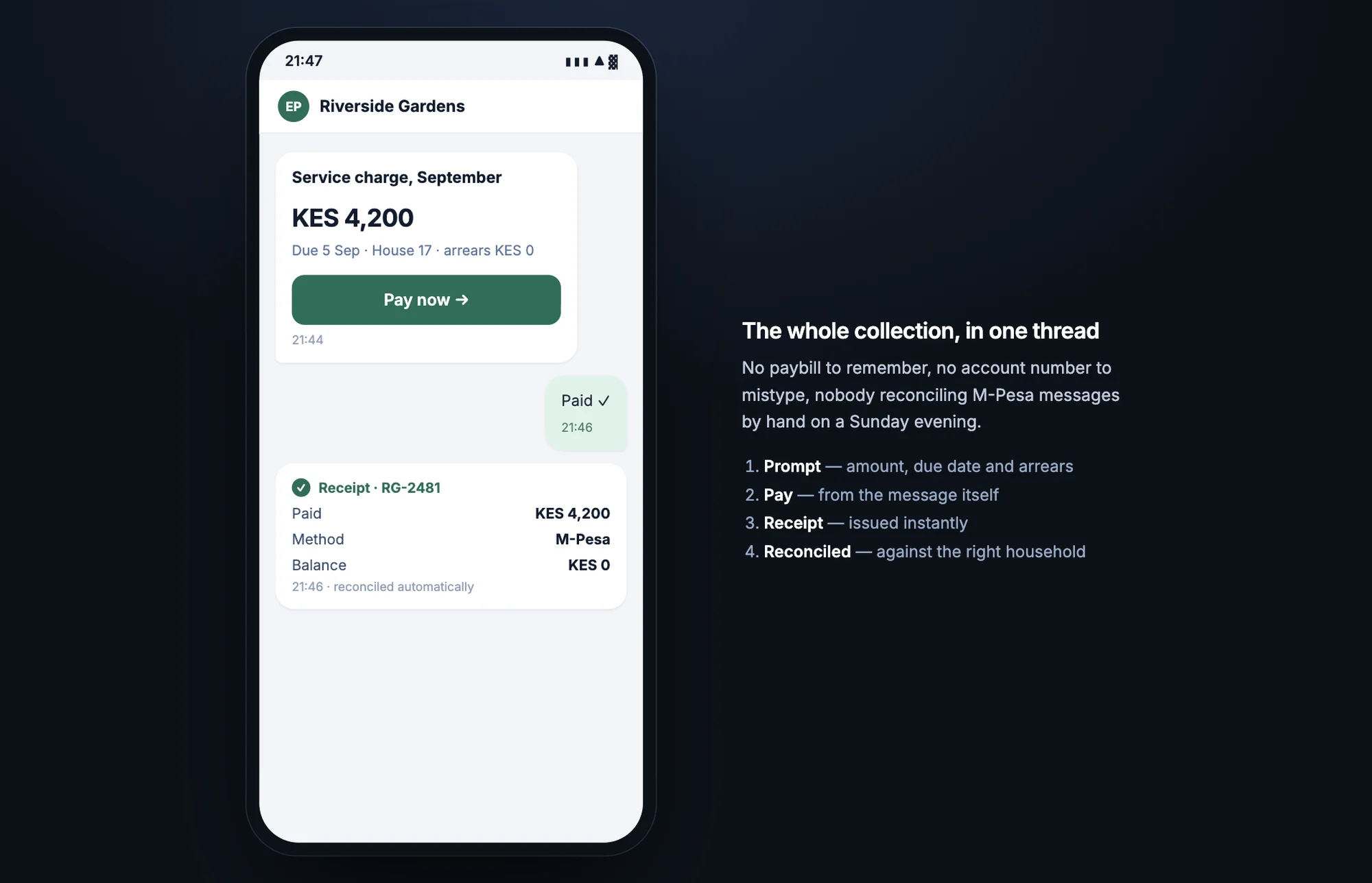 A resident's phone: the service charge prompt, a pay link, and the receipt issued straight after.